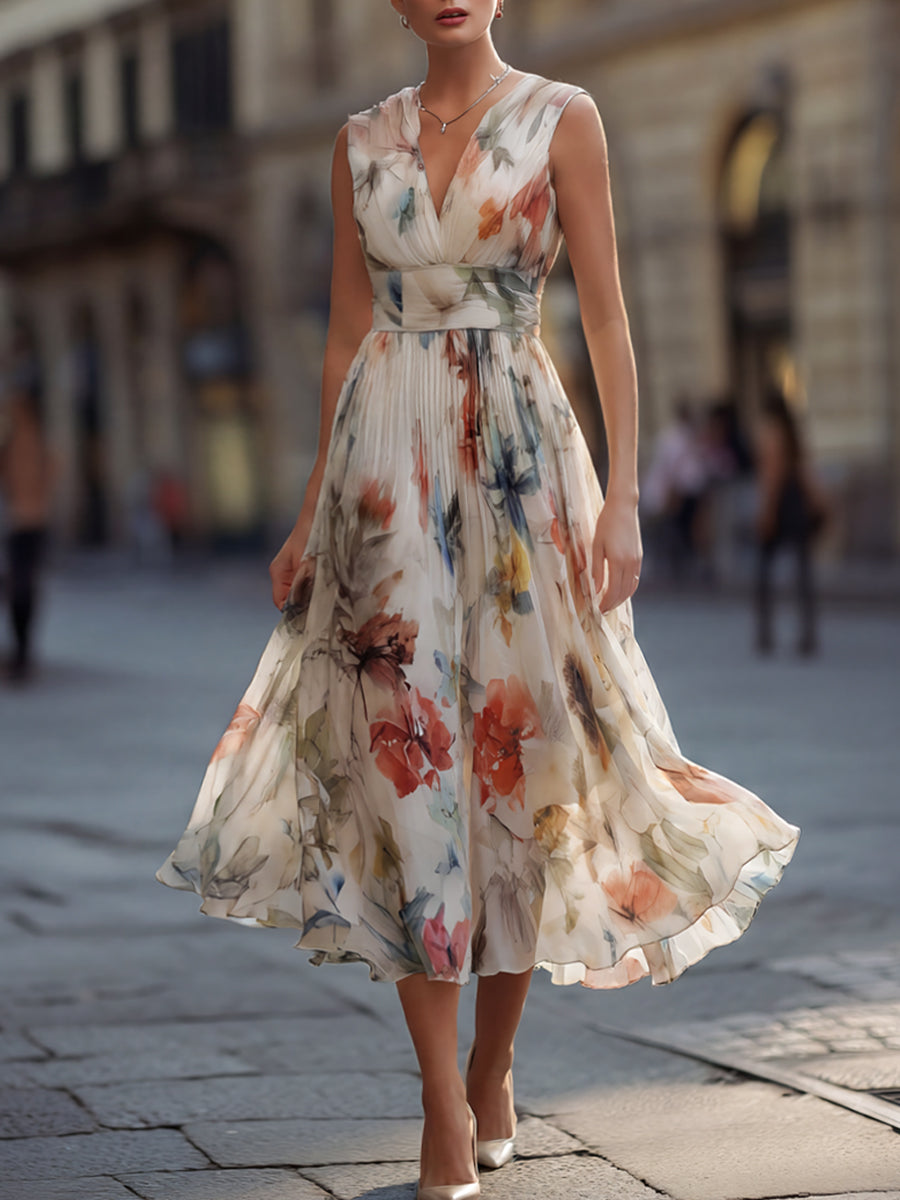 Elegant Floral Chiffon Midi Dress