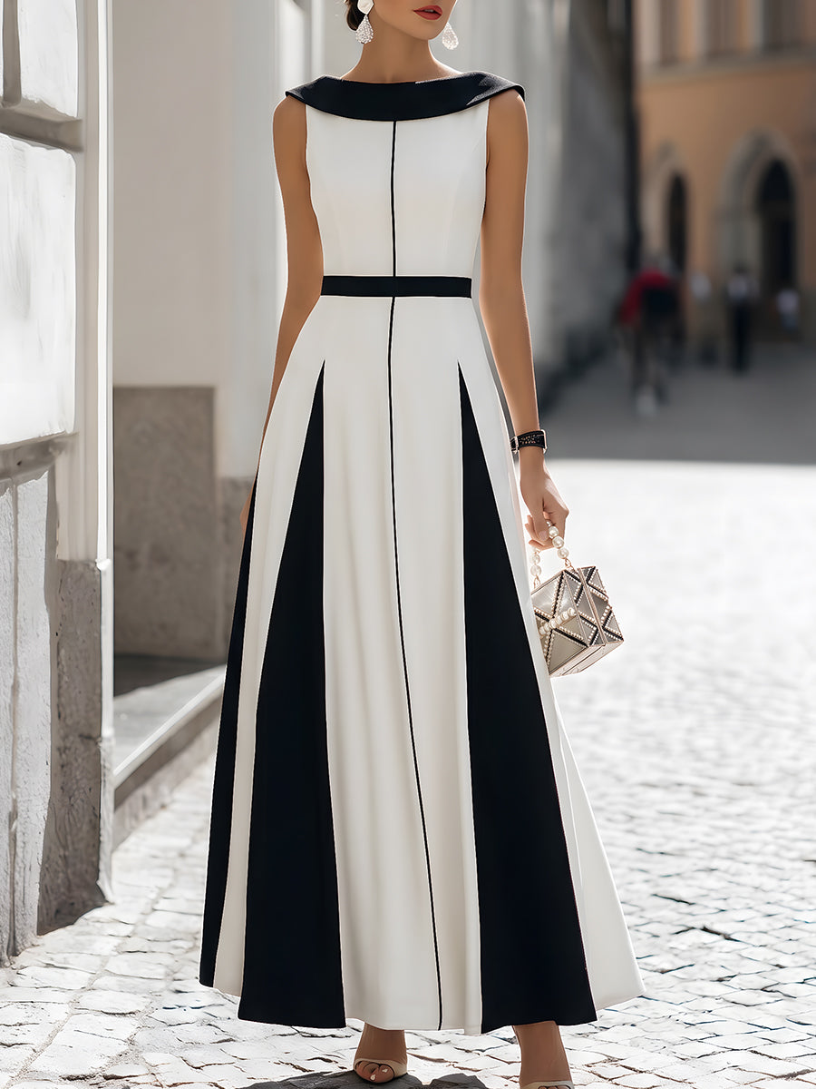 Contrast Collar Paneled A-Line Midi Dress