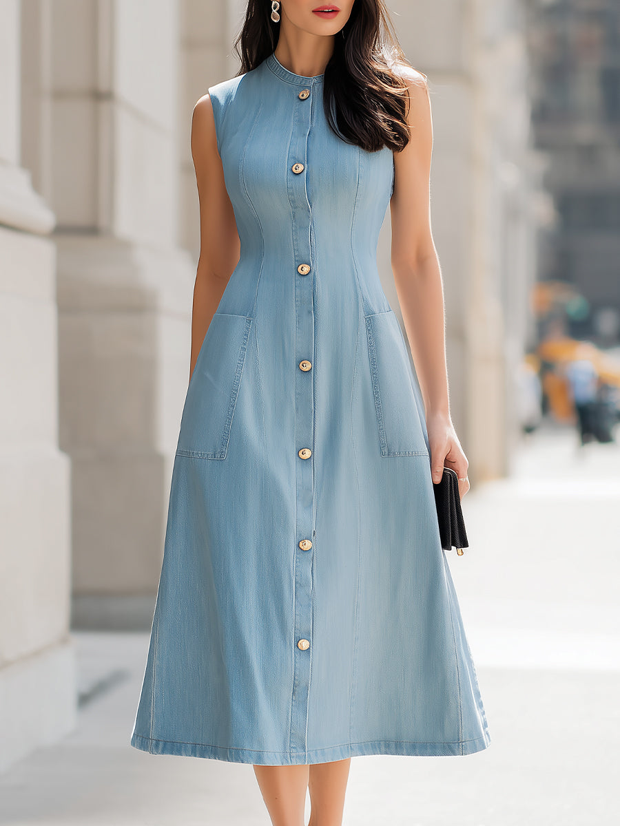 Light Wash Denim Sleeveless Button-Front A-Line Midi Dress