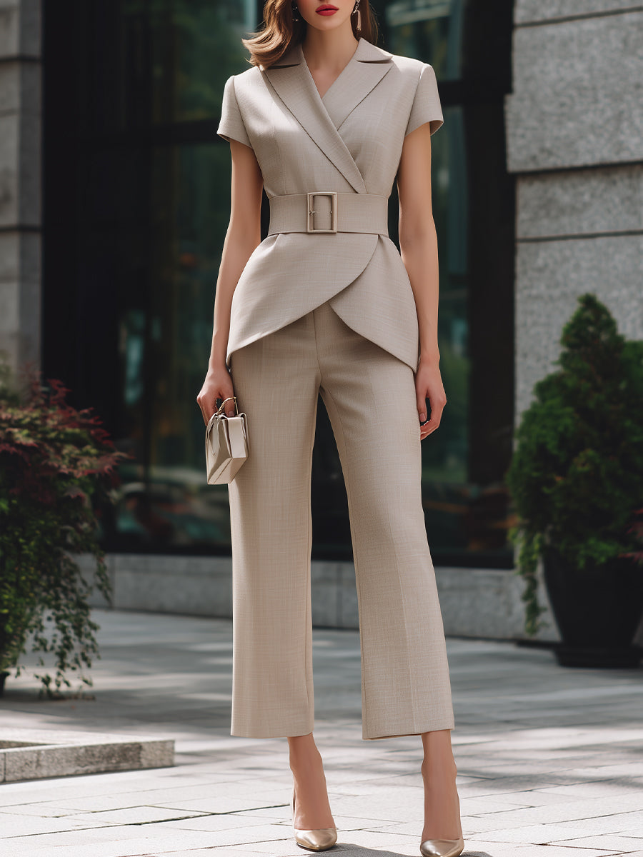 Belted Wrap Blazer And Cropped Pants Two-Piece Set