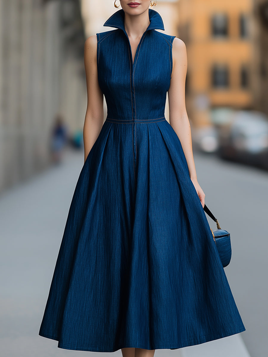 Dark Denim Sleeveless Fit-and-Flare Midi Dress