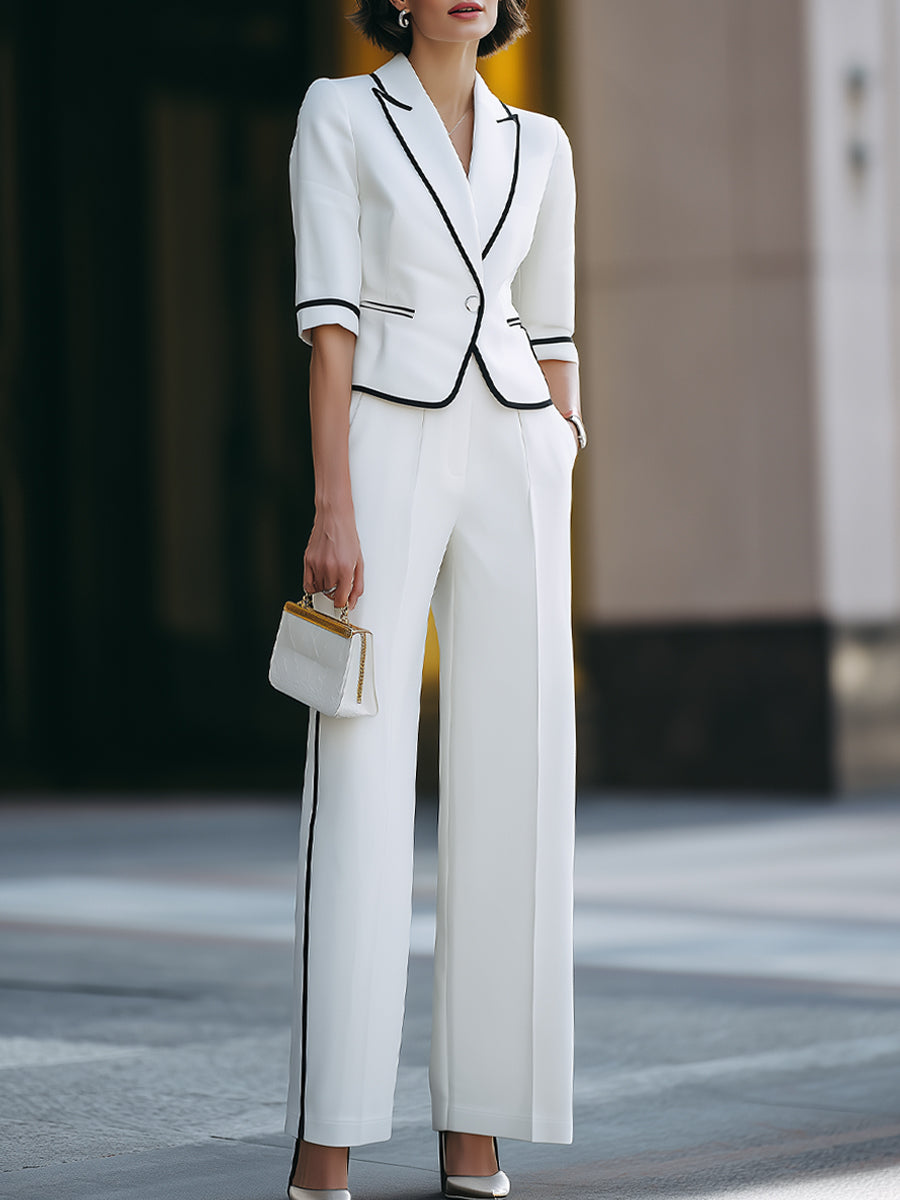 Tailored Contrast-Trim Blazer & Wide-Leg Pant Set