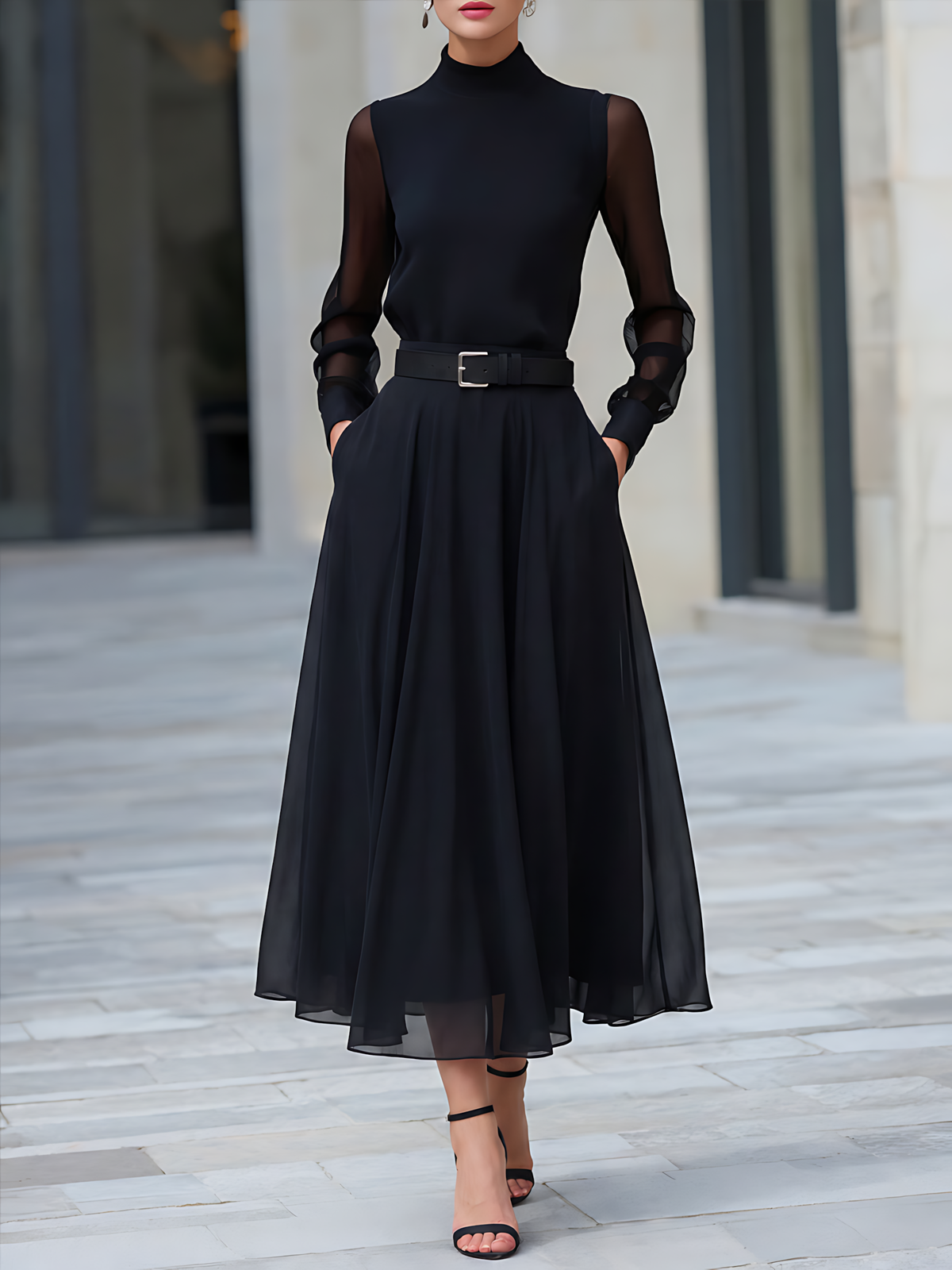 Sheer Sleeve Belted Top & Midi Skirt Tailored Set