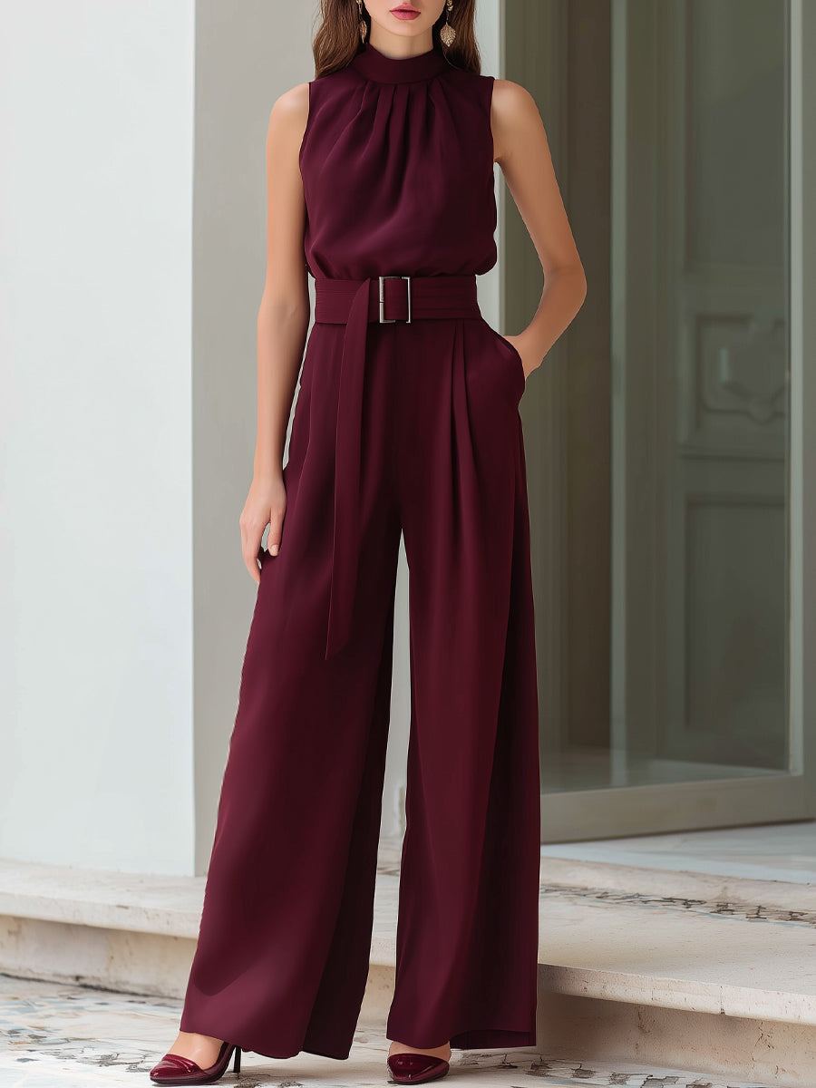 Elegant High-Waist Belted Wide-Leg Jumpsuit