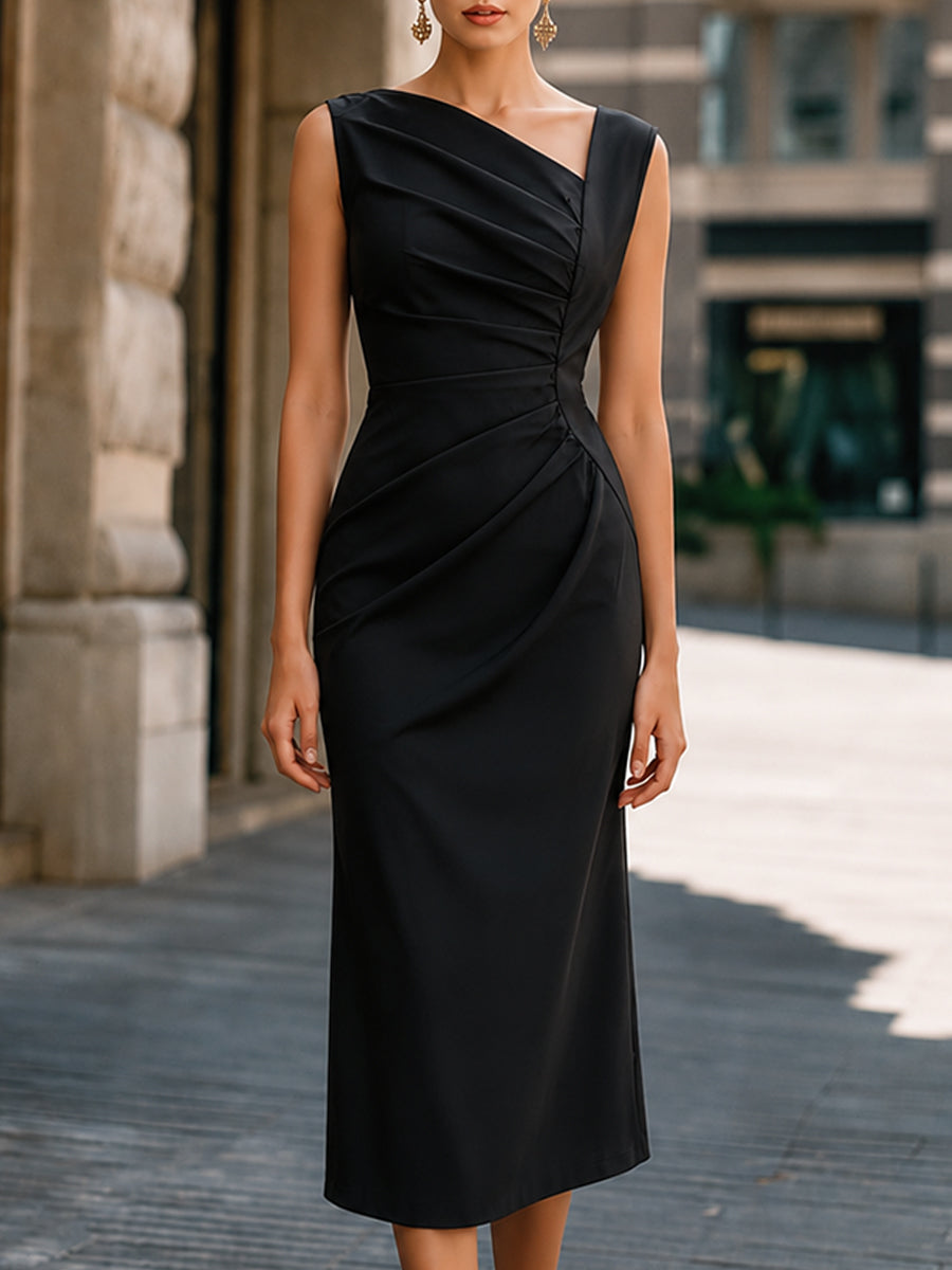 Elegant Asymmetric Ruched Midi Dress Cocktail Dress