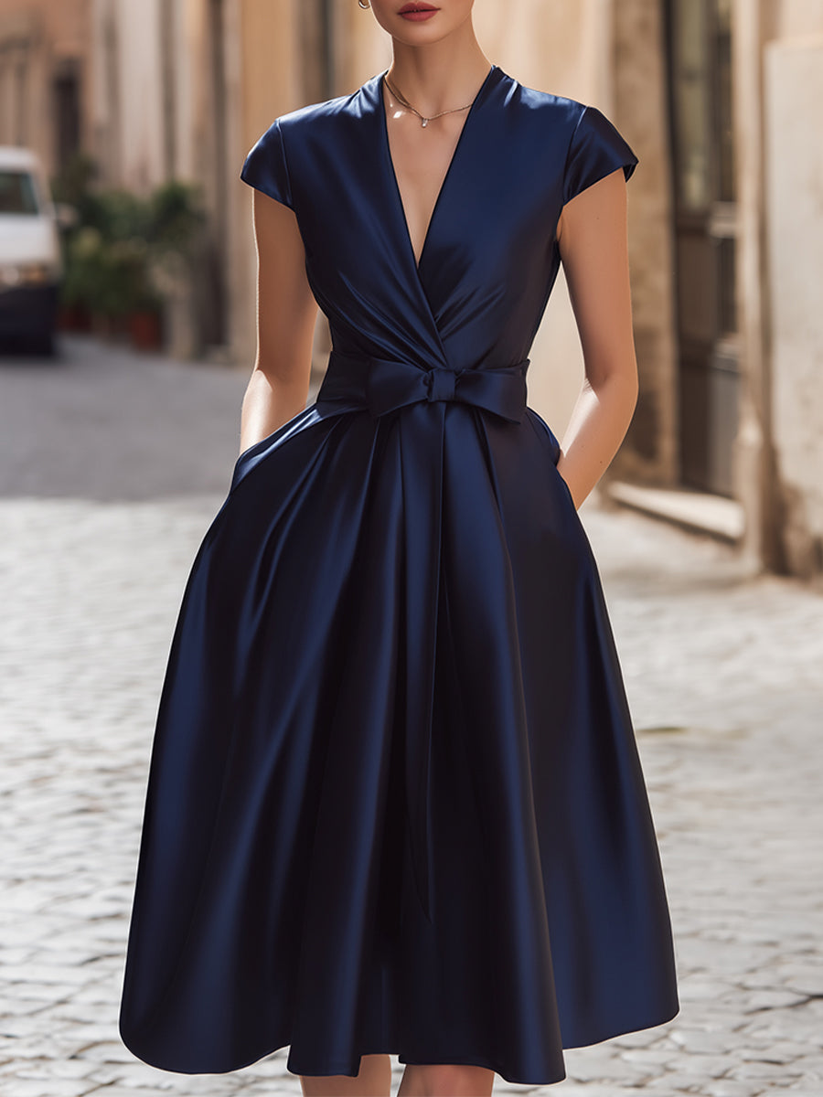 Luxurious Satin V-Neck A-Line Midi Dress