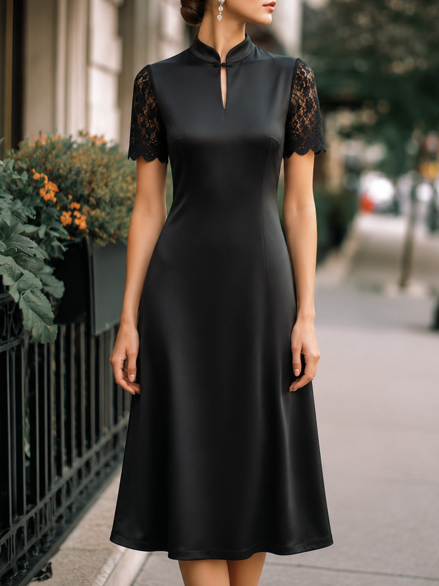 Elegant Mandarin Collar Lace-Sleeve Satin A-Line Midi Dress