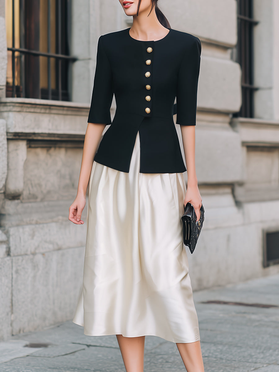 Button-Front Peplum Top And Satin-Effect Skirt Set