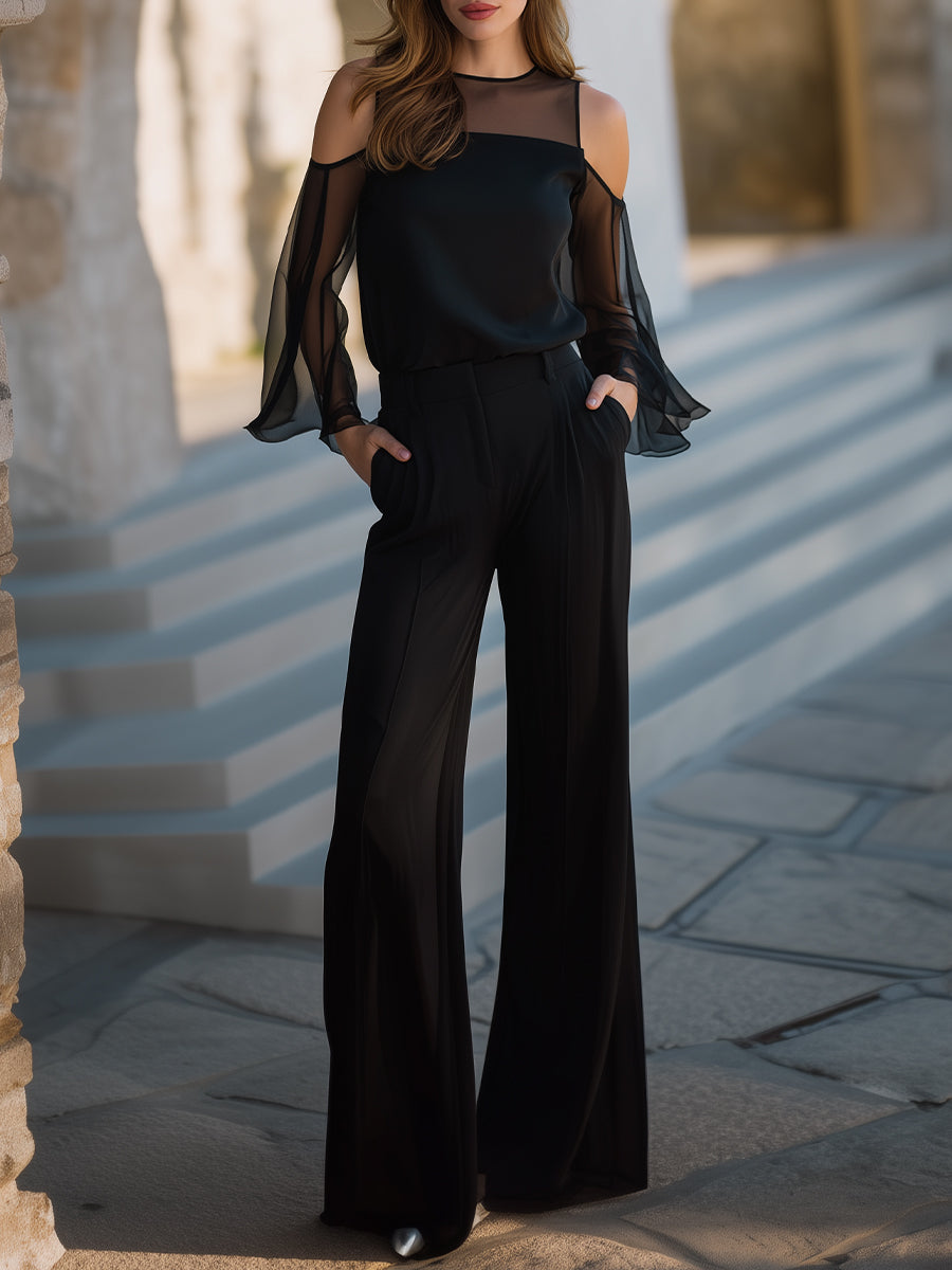 Mesh Patchwork Cold-Shoulder Top & High-Waisted Wide-Leg Pants Set