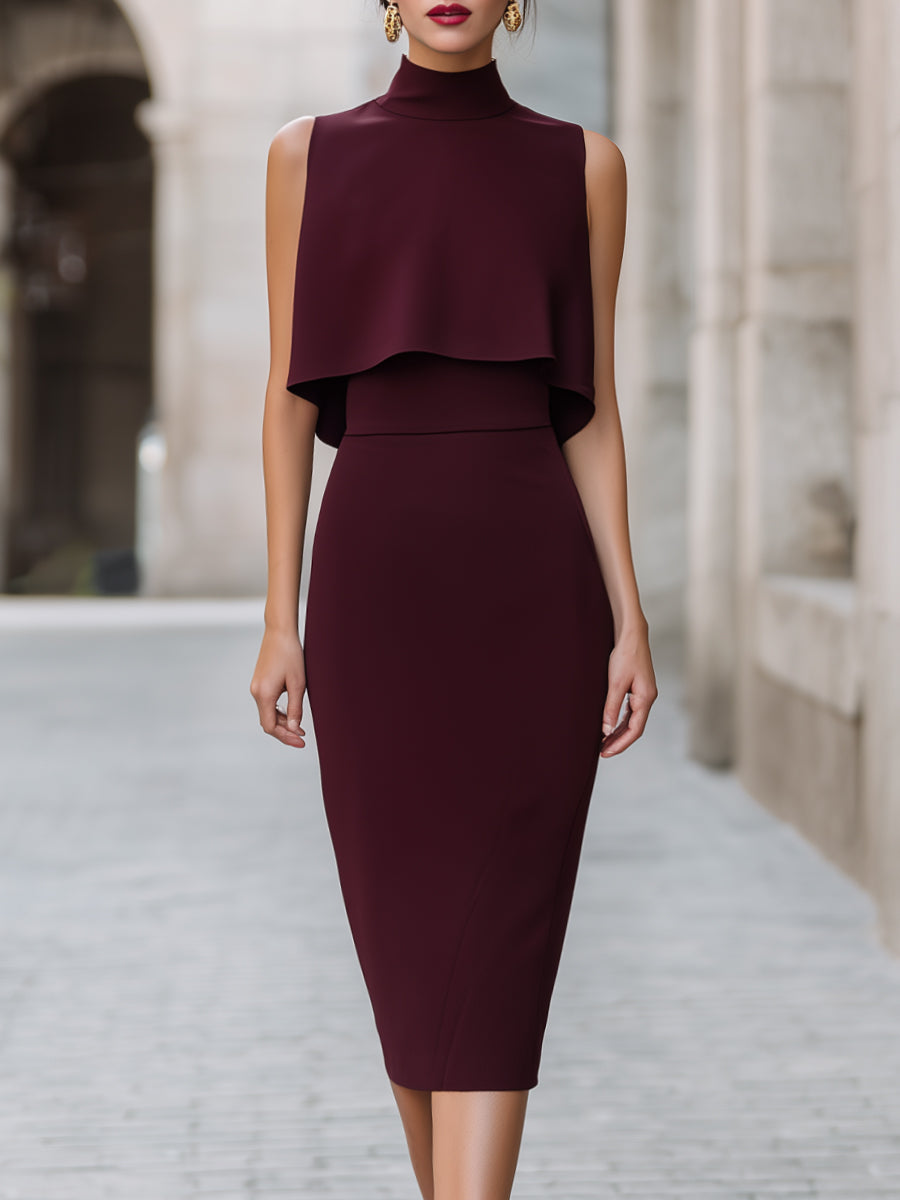 High-Neck Mock Layer Sleeveless Midi Dress