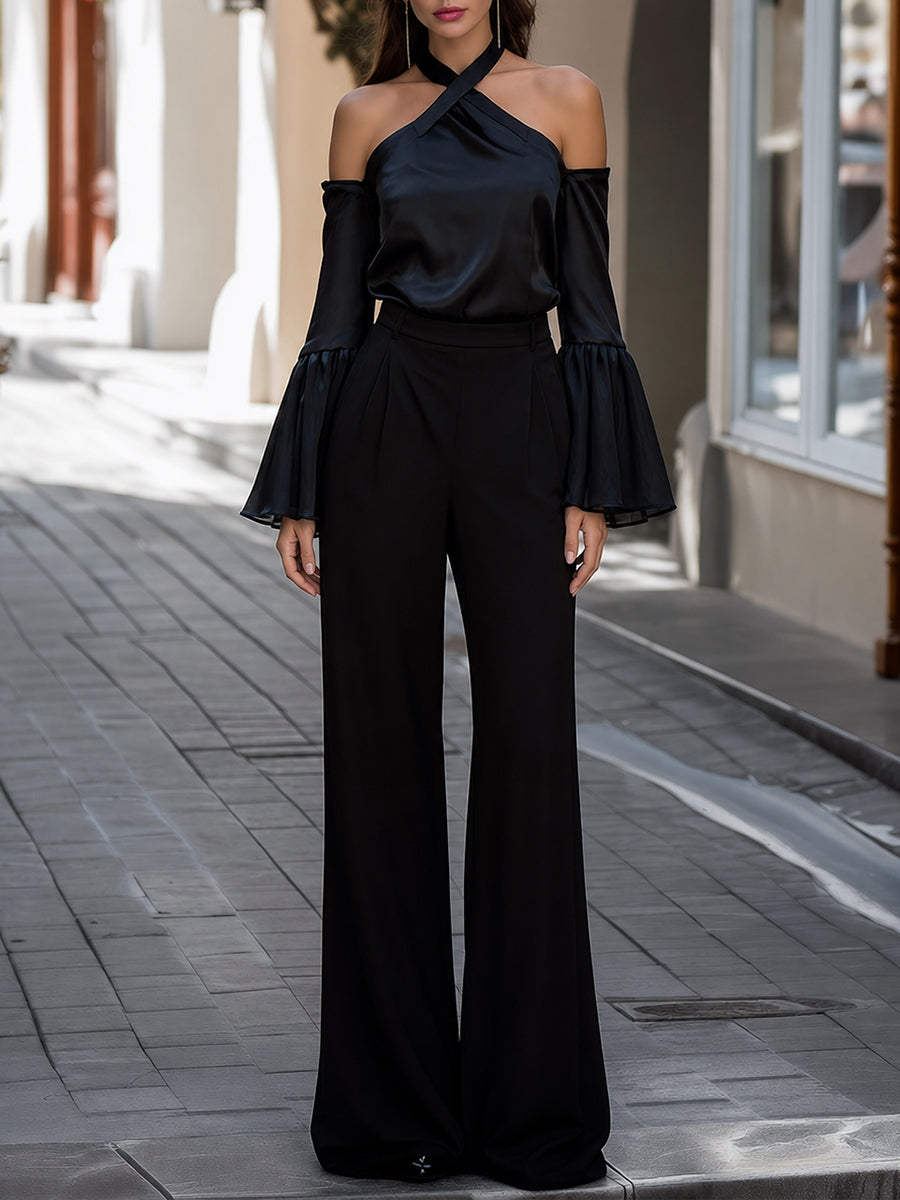 Satin Criss-Cross Halter Off-Shoulder Top & High-Waisted Wide-Leg Pants Set