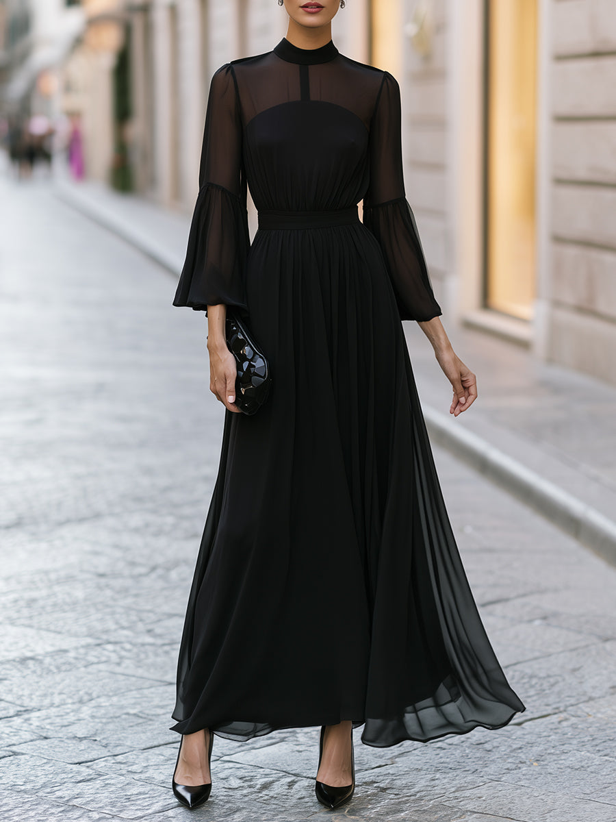 Elegant High-Neck Sheer Sleeve Chiffon Maxi Dress With Draped Waist
