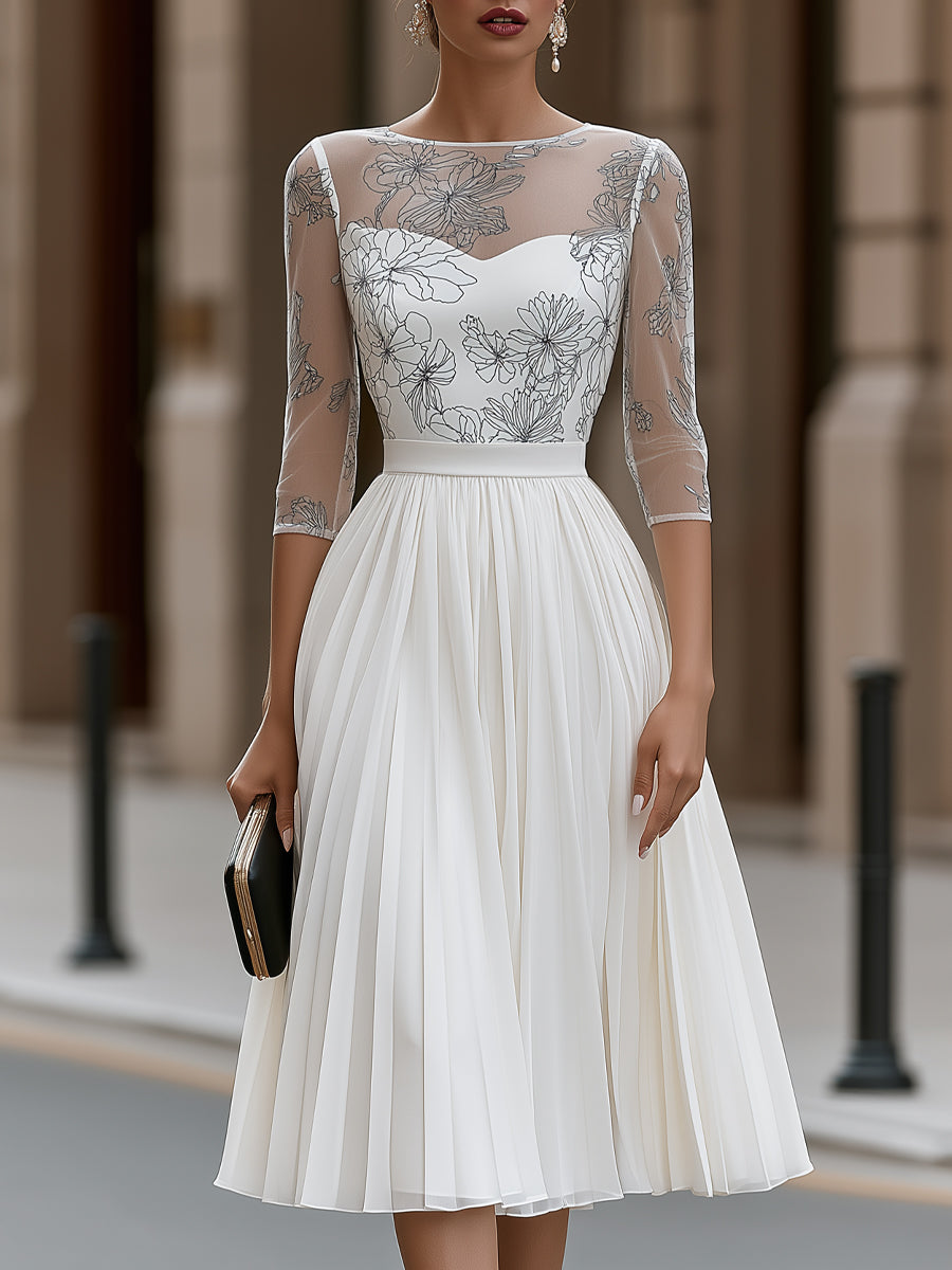 Floral Print Mesh Sleeve Pleated Midi Dress