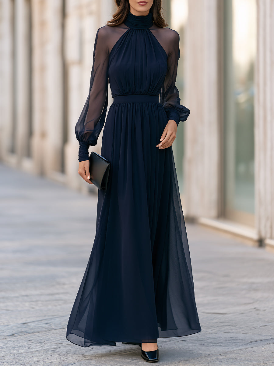 Elegant High Neck Sheer Sleeve Pleated Maxi Dress Draped Silhouette