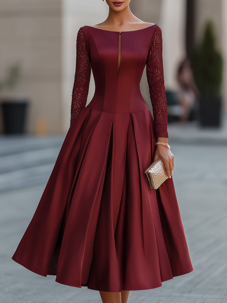 Bateau Neckline Satin Lace Sleeve Midi Dress