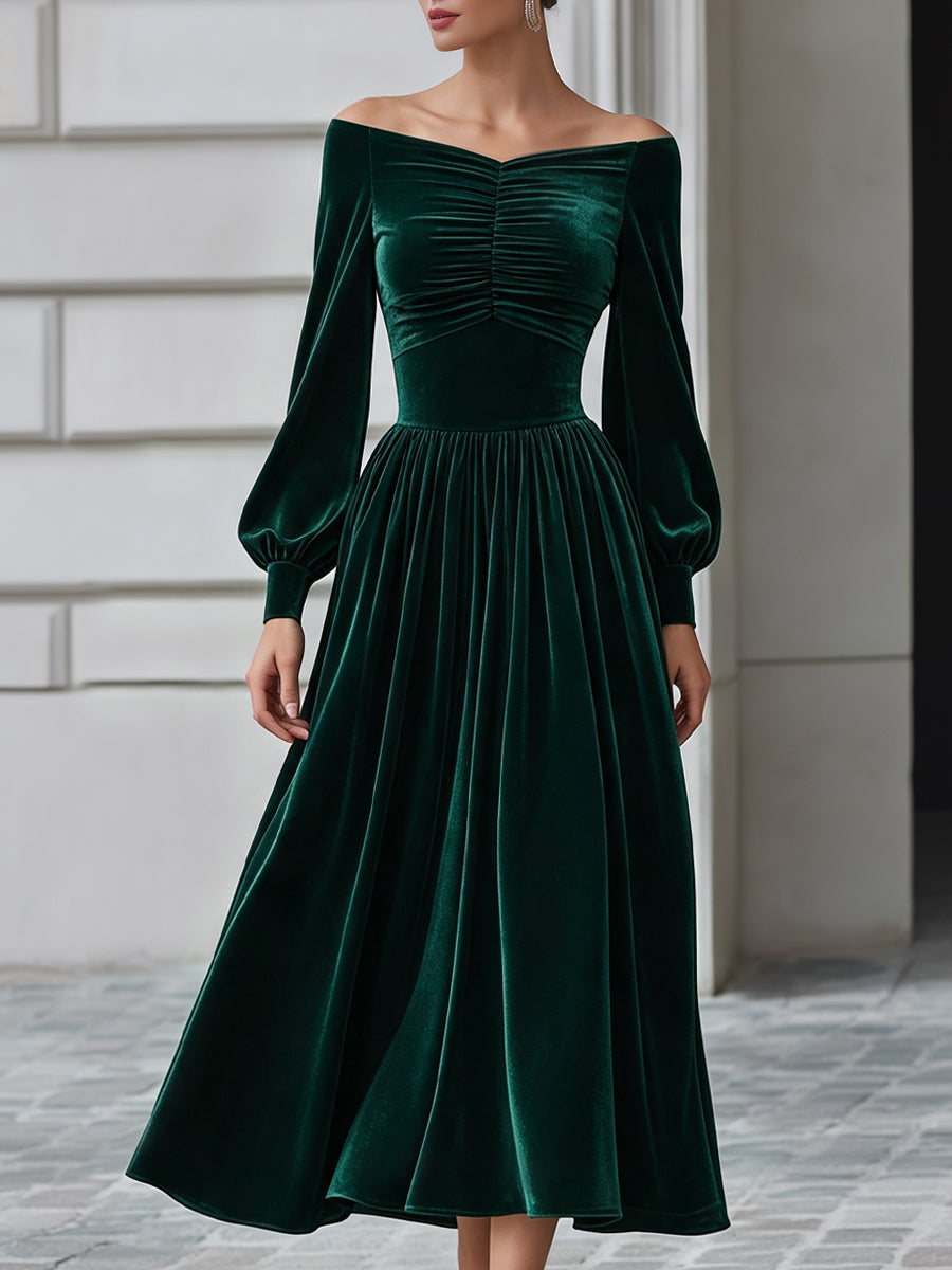 Off-Shoulder Ruched Velvet A-Line Midi Dress