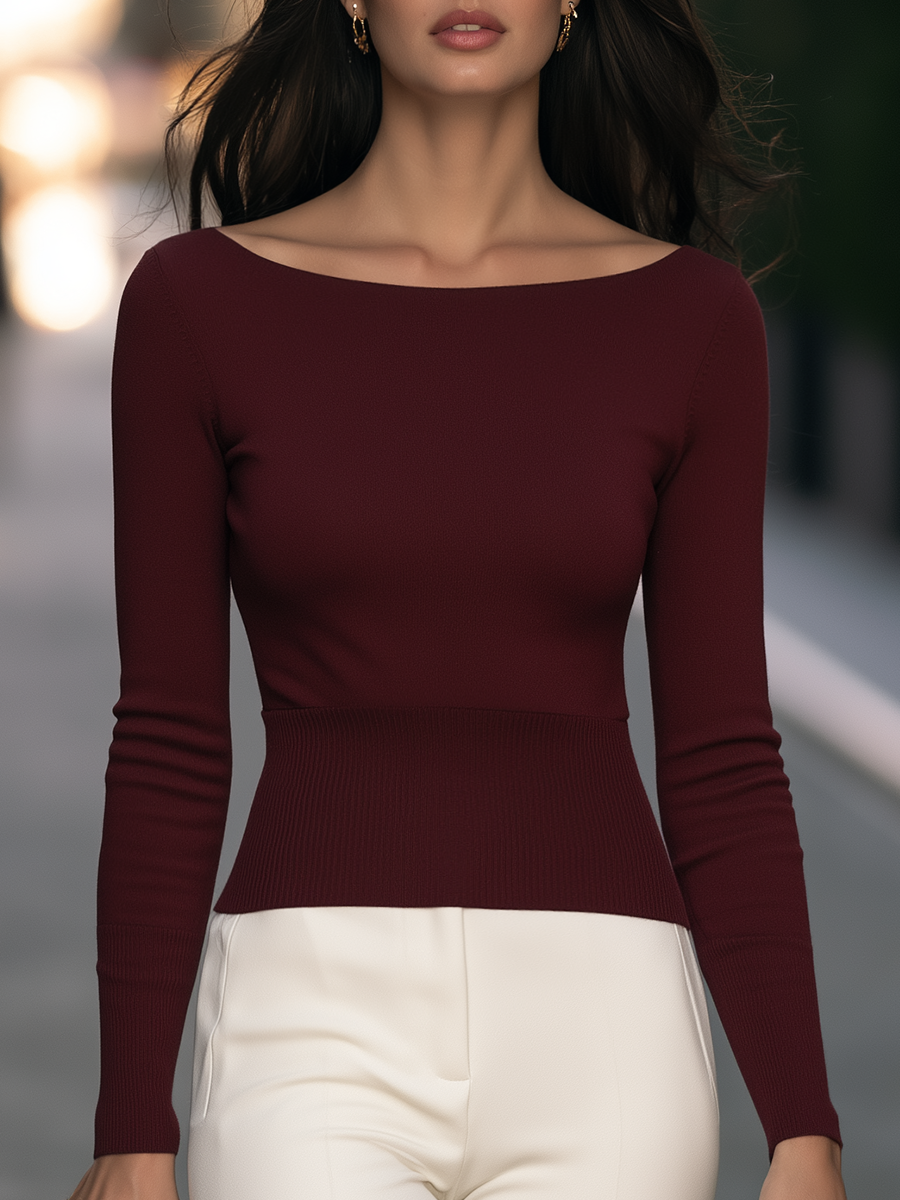 Boat-Neck Ribbed-Waist Long-Sleeve Knit Top