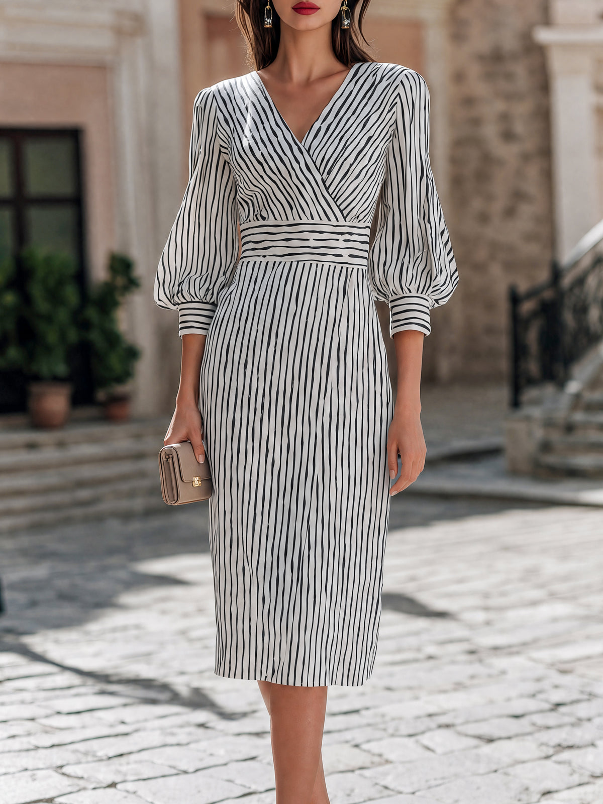 Striped V-Neck Bishop-Sleeve Midi Dress