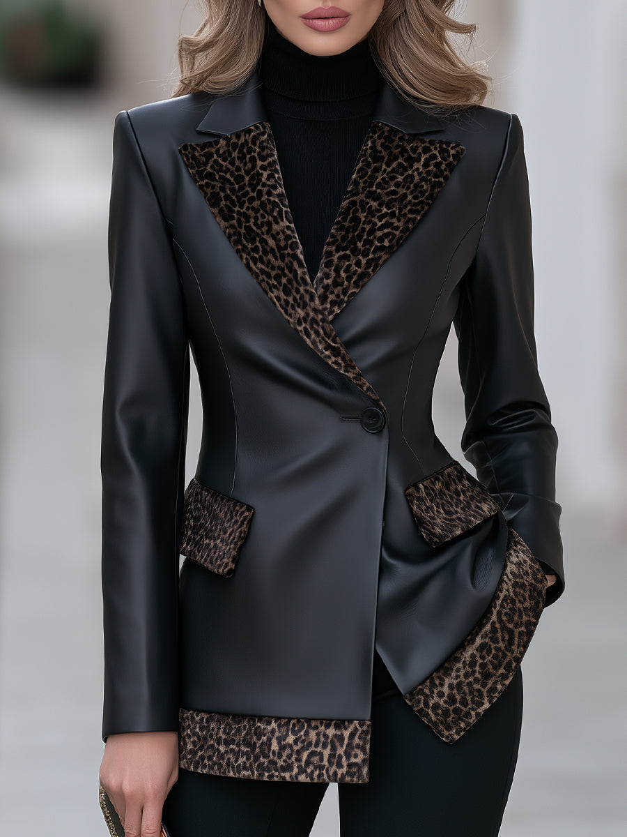 Faux Leather Leopard Velvet Trim Blazer