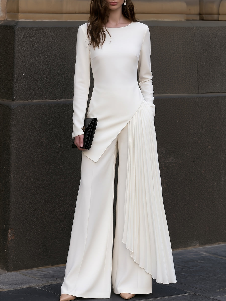 Asymmetric Pleated Overlay Top And Wide-Leg Pants Set