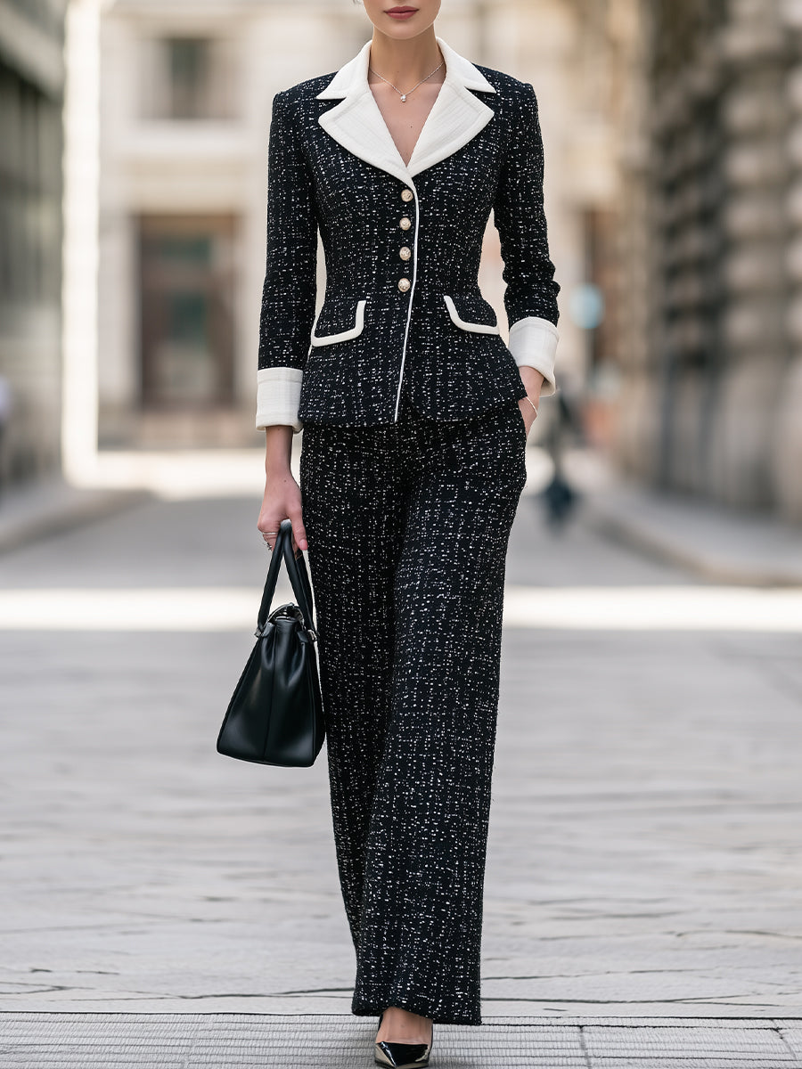 Contrast-Trim Tweed Blazer And Wide-Leg Pants Set