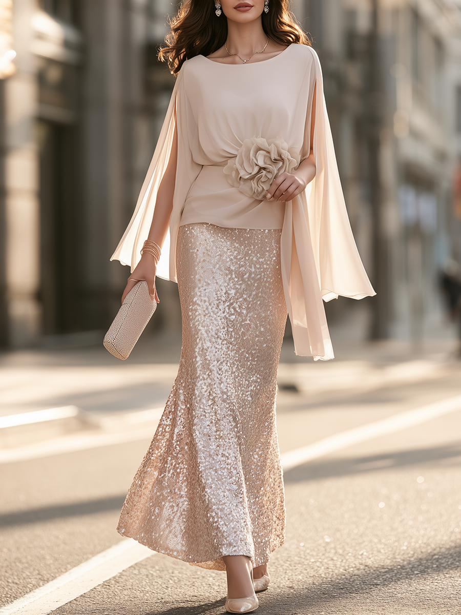 Cape-Sleeve Floral-Waist Top And Sequin Mermaid Maxi Skirt Set