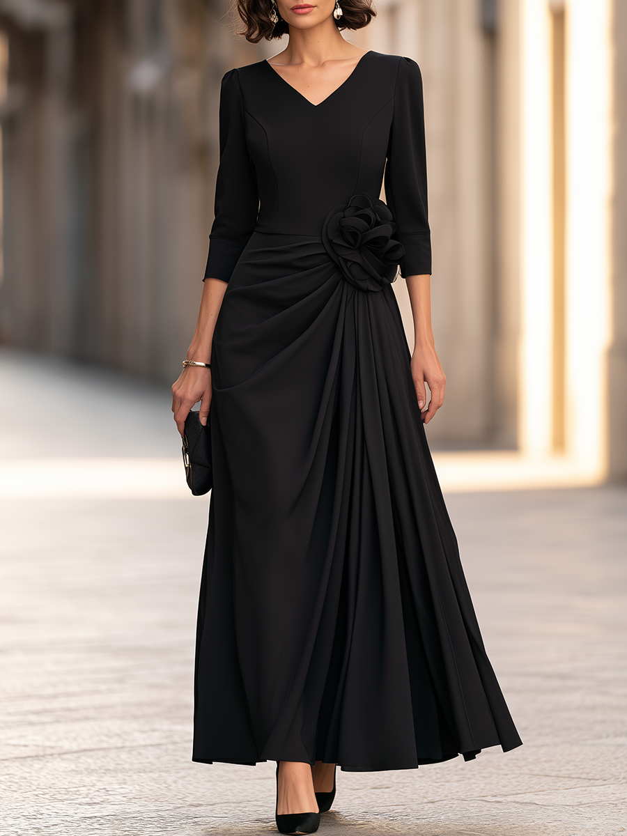 V-Neck Floral-Appliqué Draped Maxi Dress