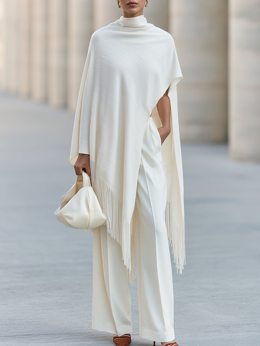 Fringed Turtleneck Poncho And Wide-Leg Pants Set