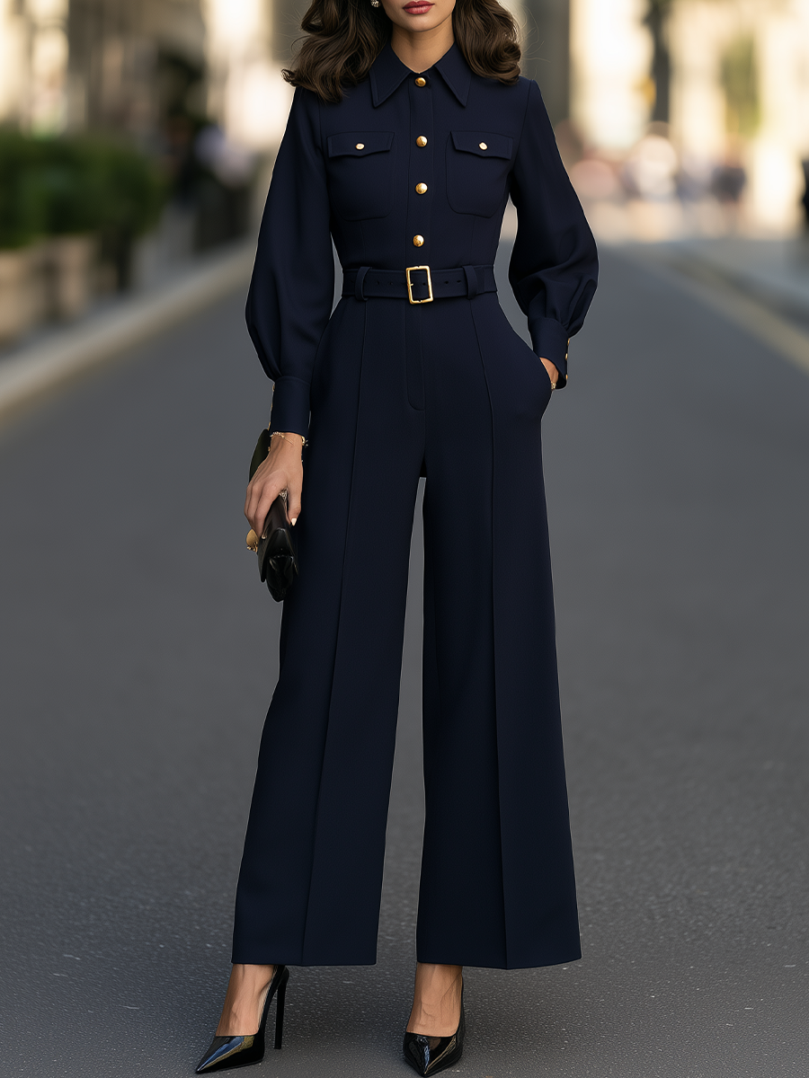 Belted Button-Front Wide-Leg Jumpsuit With Balloon Sleeves