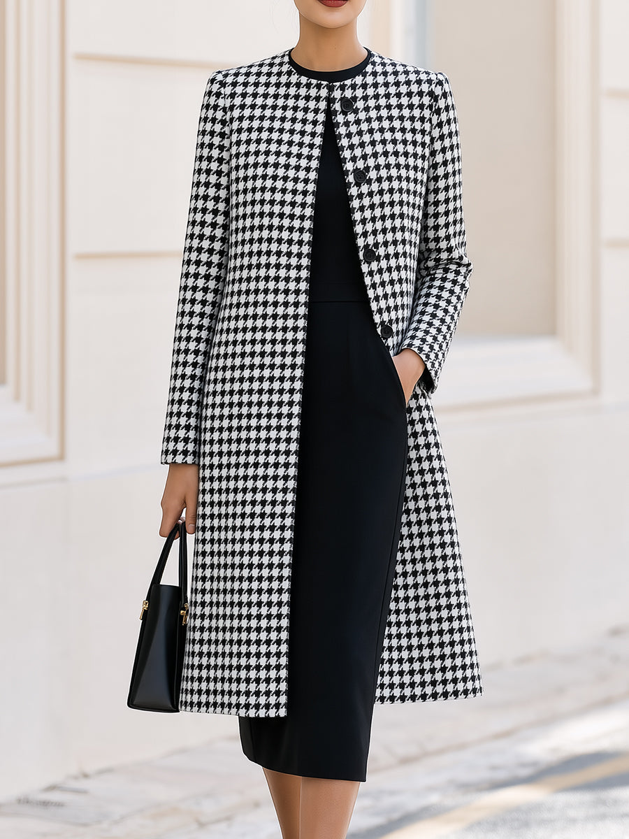 Black & White Houndstooth Coat & Black Midi Dress Two-Piece Co-Ord Set