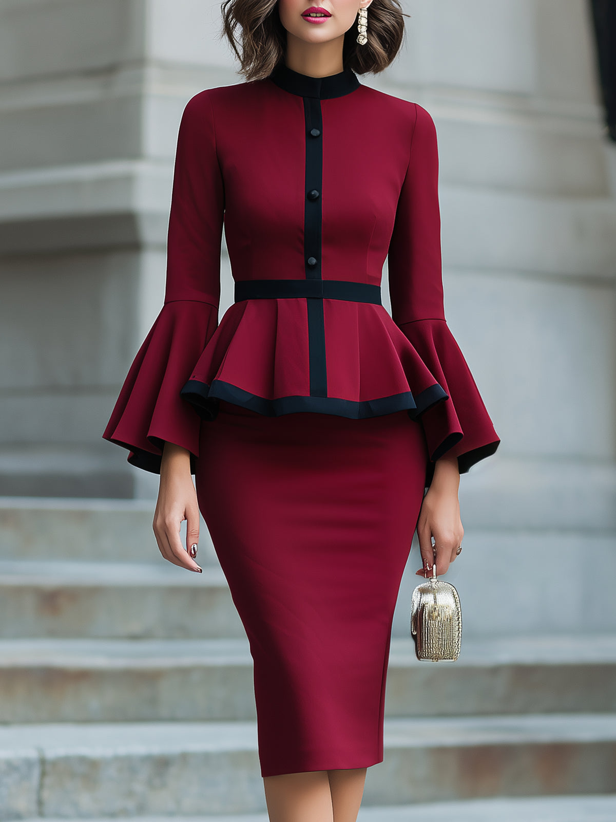 Bell-Sleeve Peplum Pencil Midi Dress