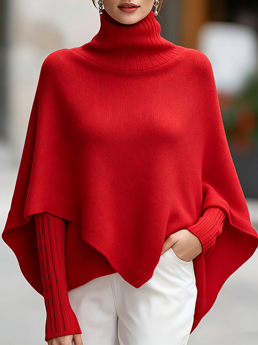 Turtleneck Asymmetrical Knit Poncho Sweater