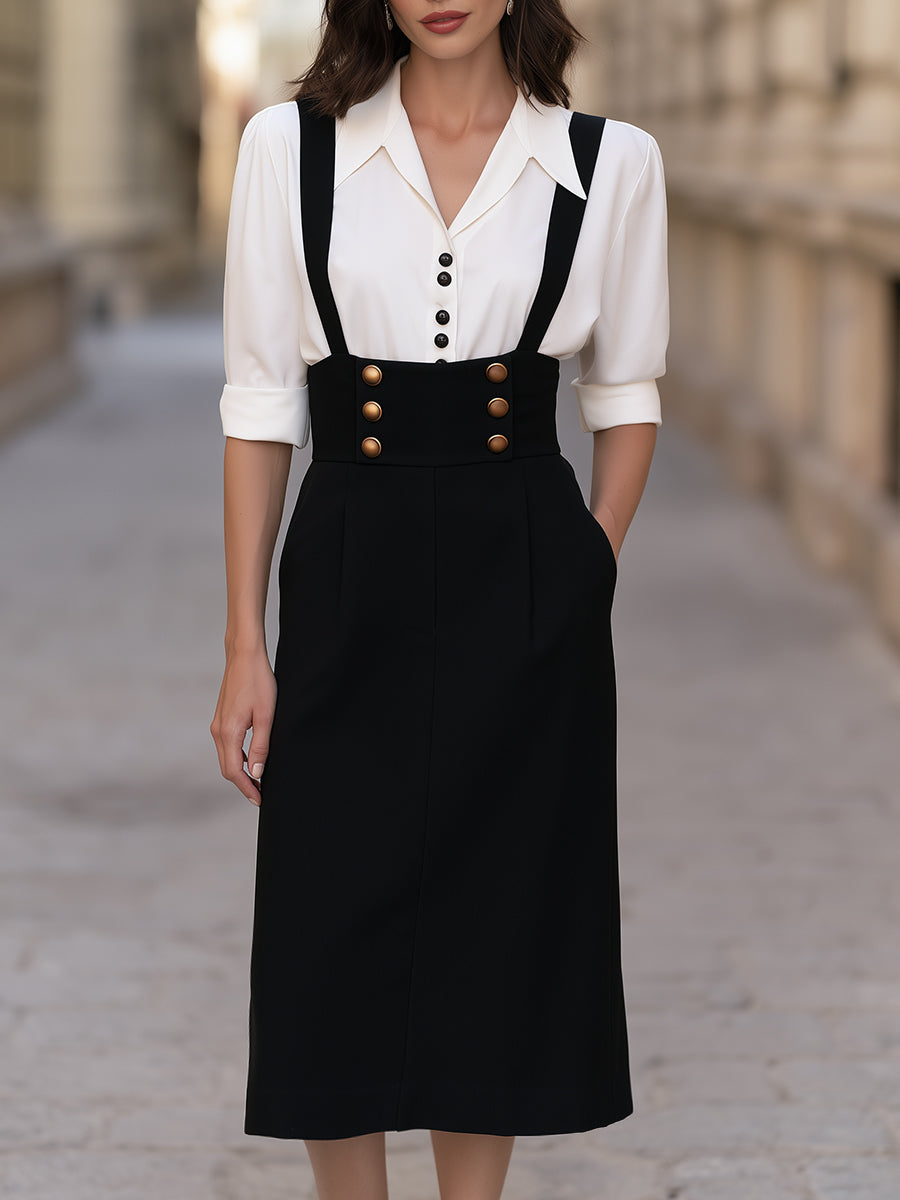 Buttoned Blouse And Suspender Midi Skirt Set