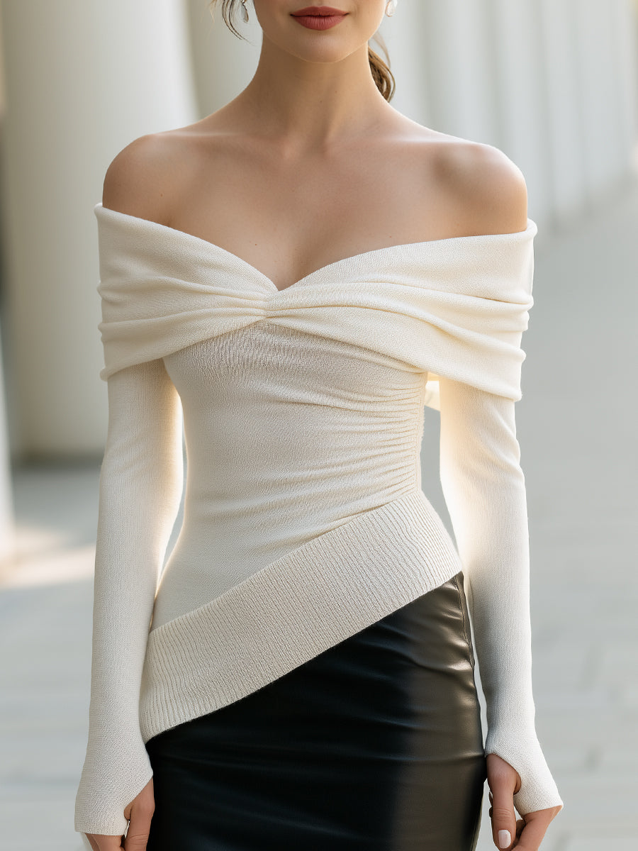Twist-Front Off-Shoulder Asymmetric Knit Top