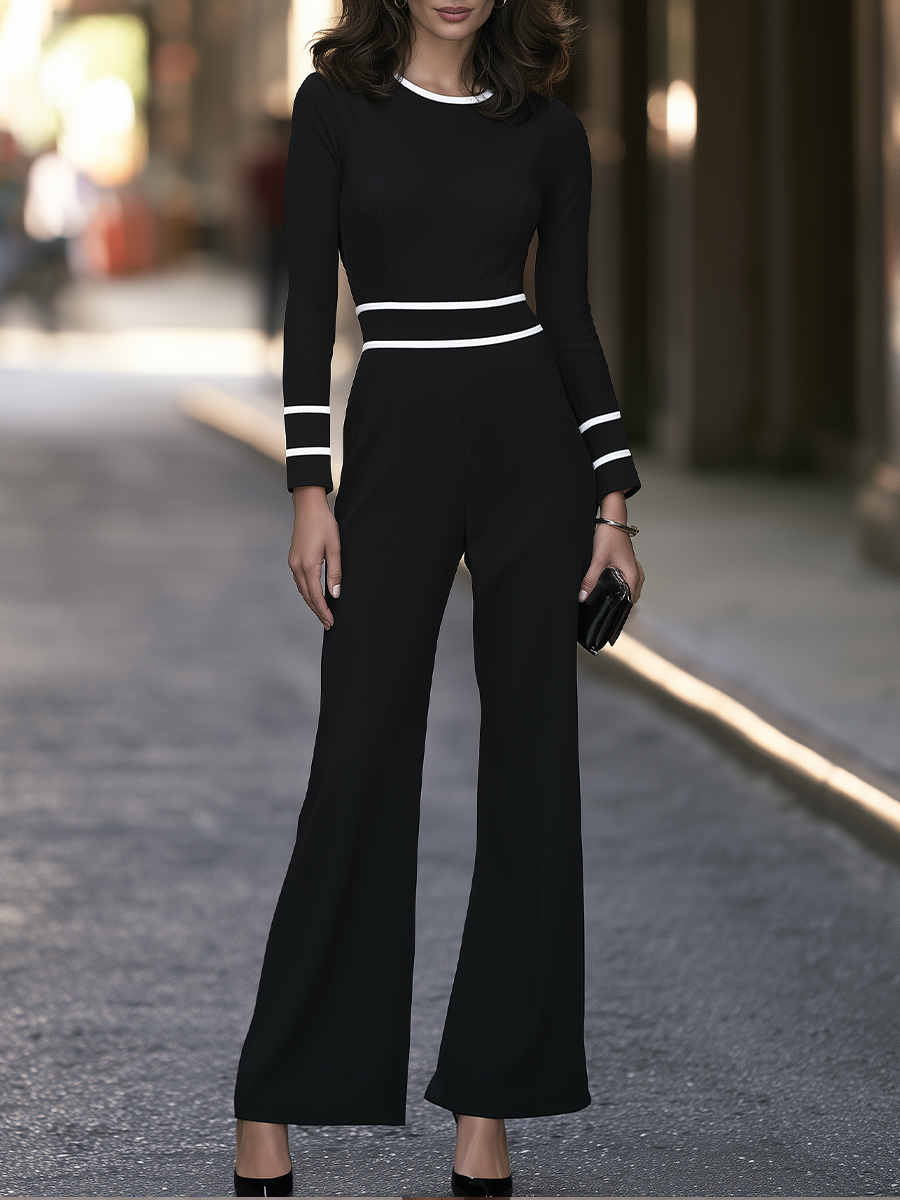 Long-Sleeve Contrast-Trim Wide-Leg Jumpsuit