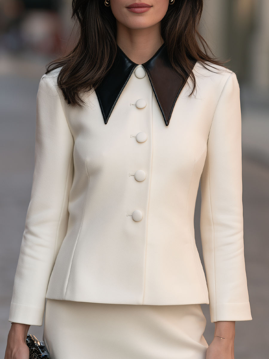 Contrast-Lapel Button-Front Tailored Jacket