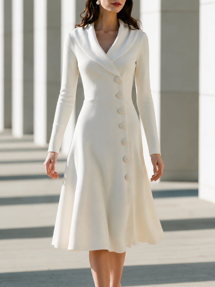 Shawl-Collar Button-Front A-Line Midi Dress
