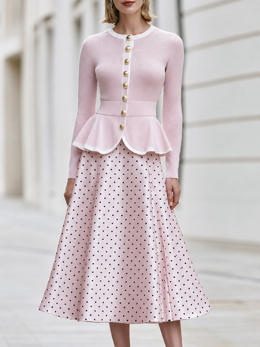 Peplum Cardigan And Polka-Dot Midi Skirt Set