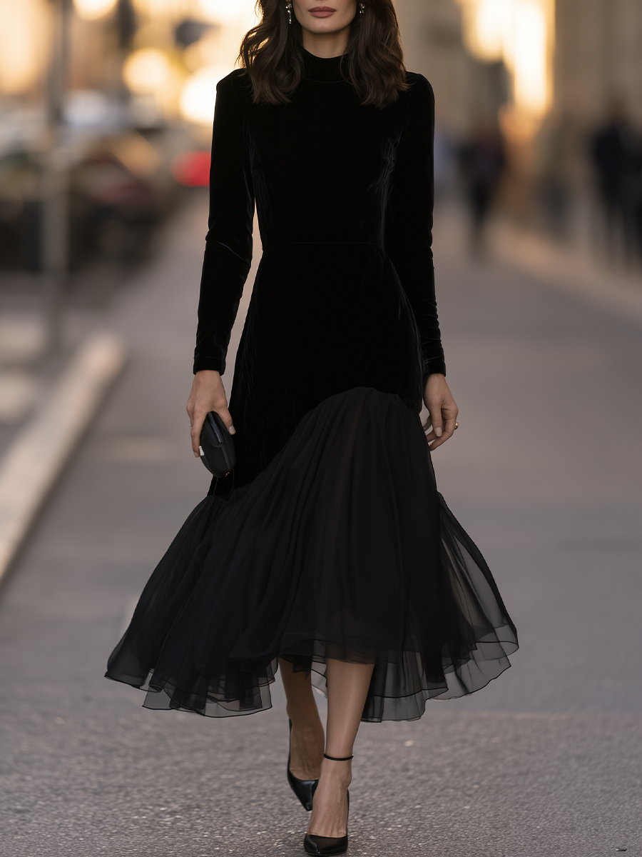 Mock-Neck Sheer Godet Hem Velvet Trumpet Maxi Dress