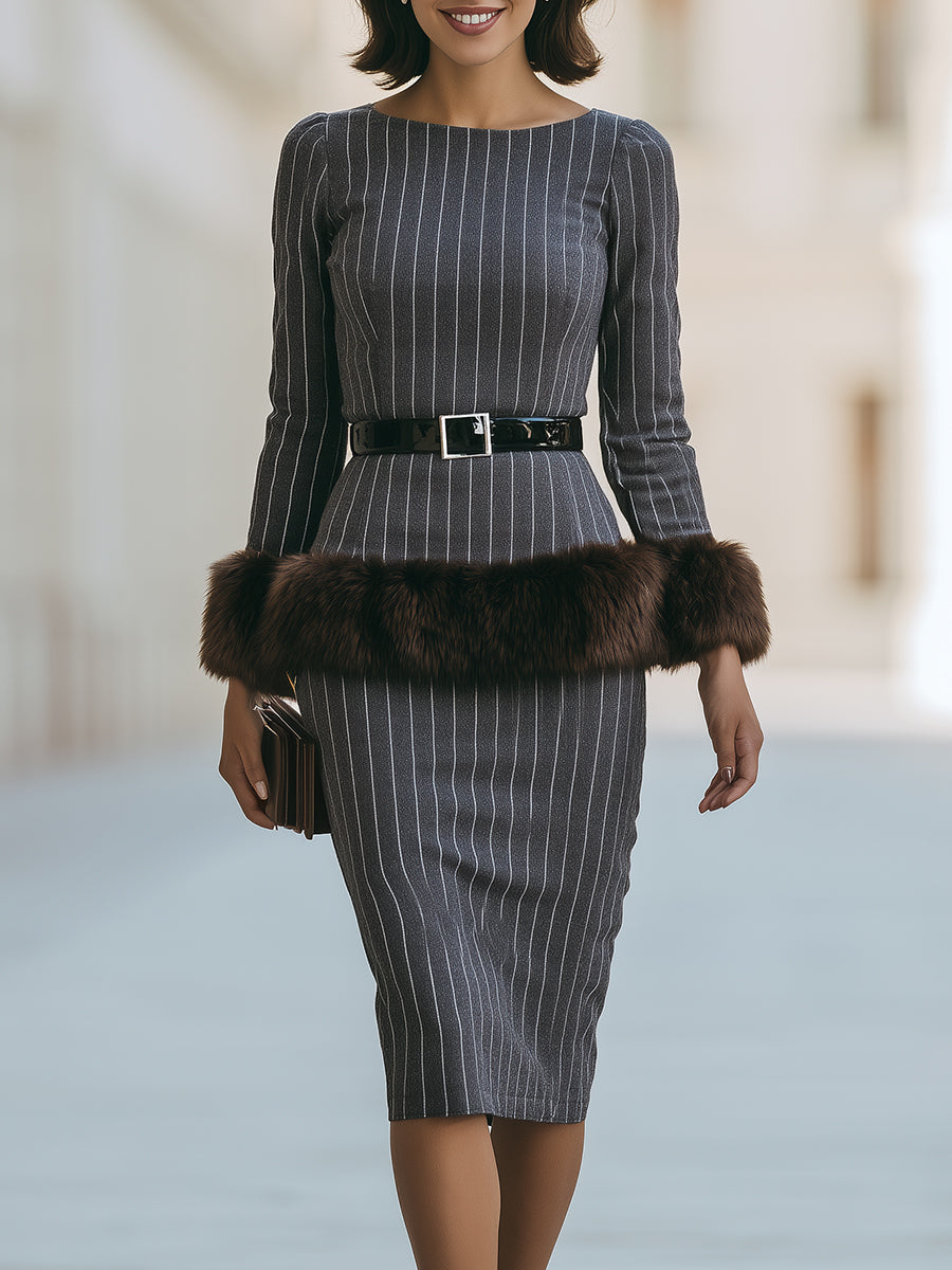 Pinstripe Faux-Fur Cuff Belted Midi Dress