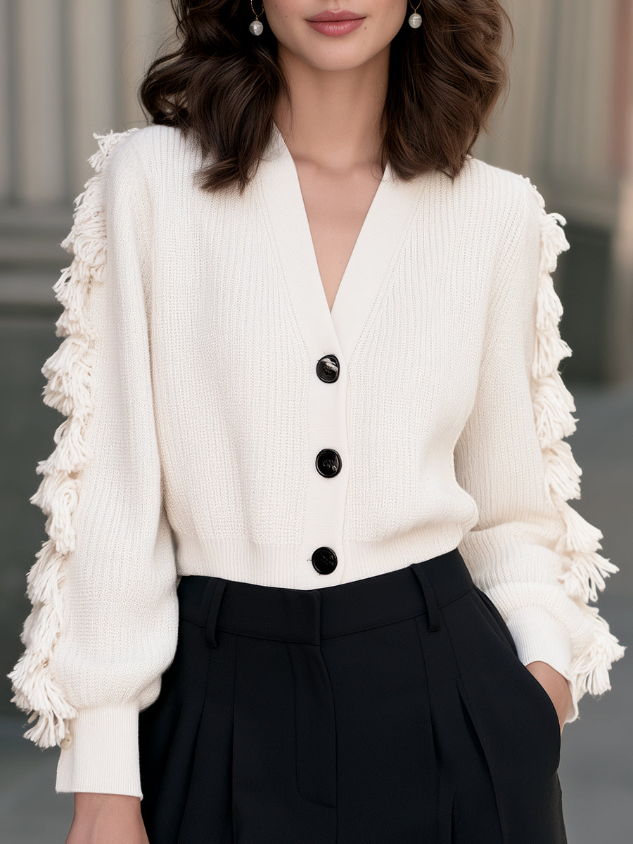 Fringe Sleeve Button-Up Knit Cardigan