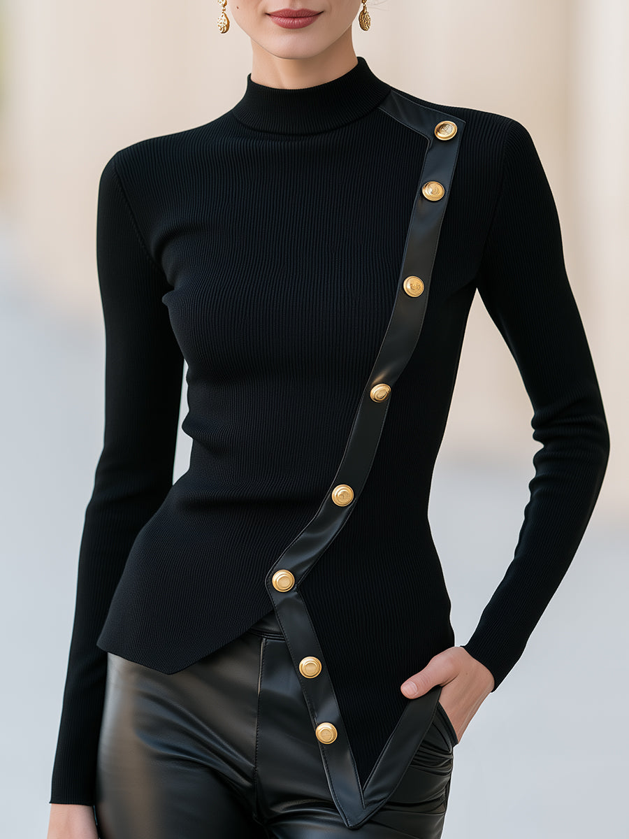 Asymmetric Button-Trim Mock-Neck Knit Top