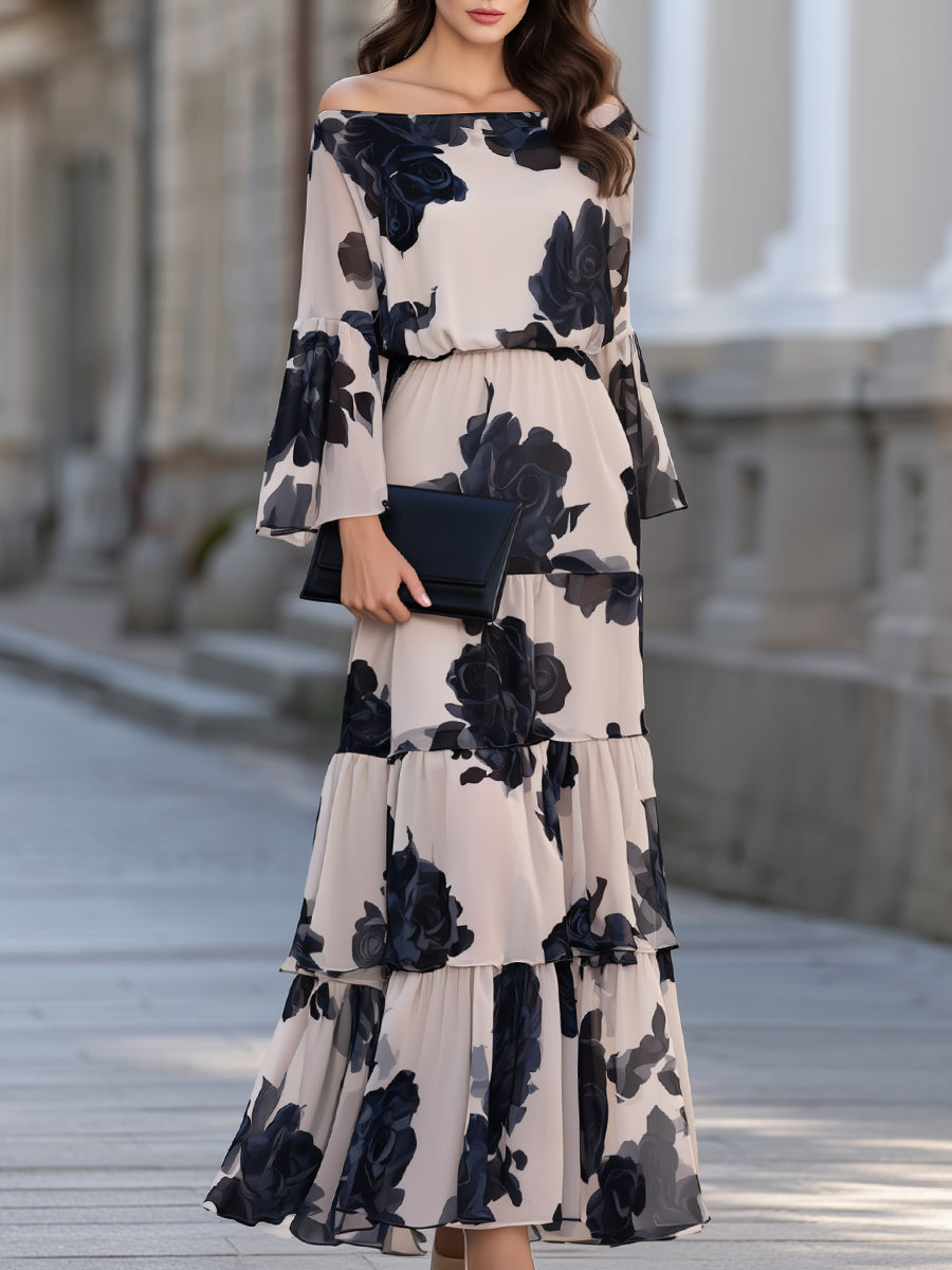 Off-Shoulder Floral Print Bell Sleeve Tiered Maxi Dress