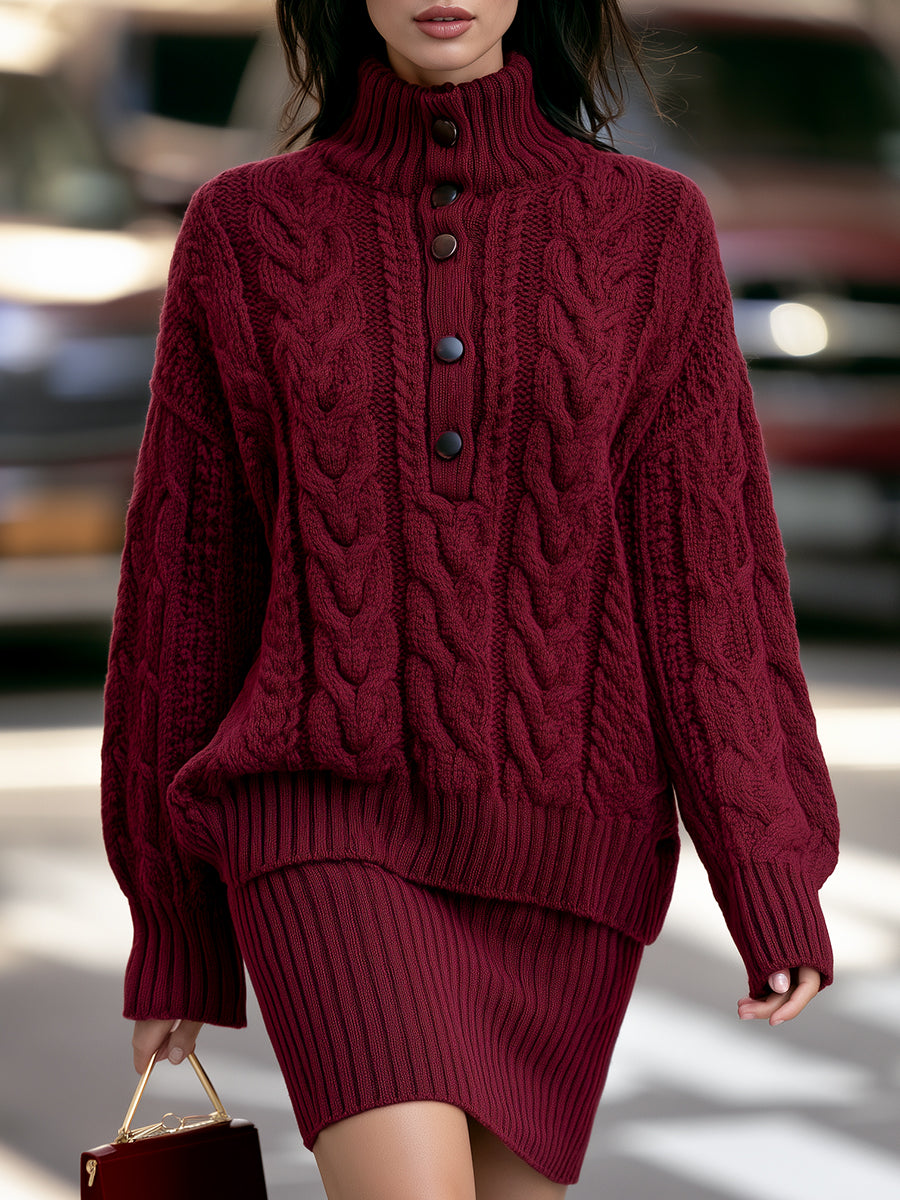 Cable Knit Mock Neck Sweater And Skirt Two-Piece Set