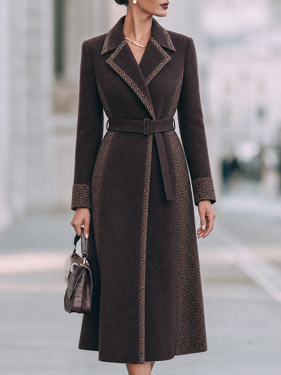 Women's Leopard Print Panel Belted Long Wool Coat
