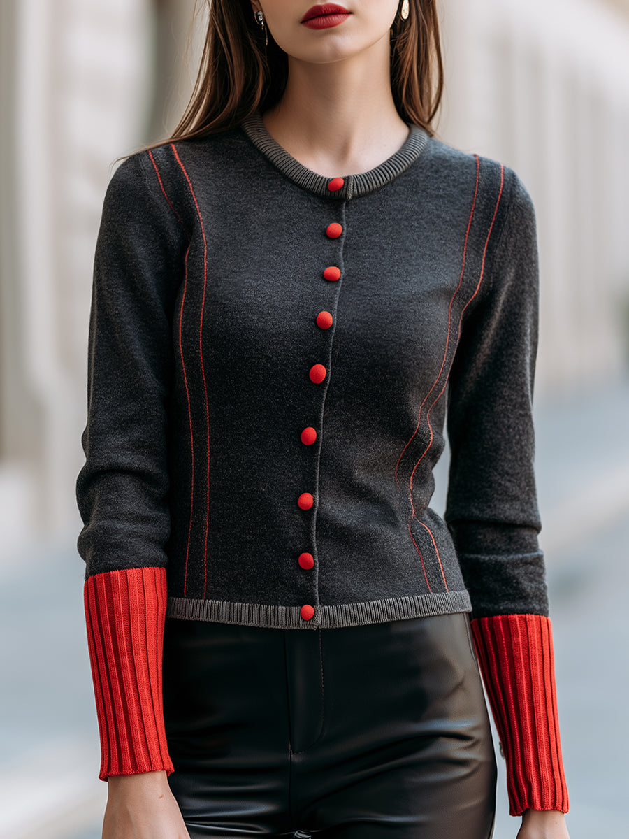 Contrast Trim Button-Front Knit Cardigan