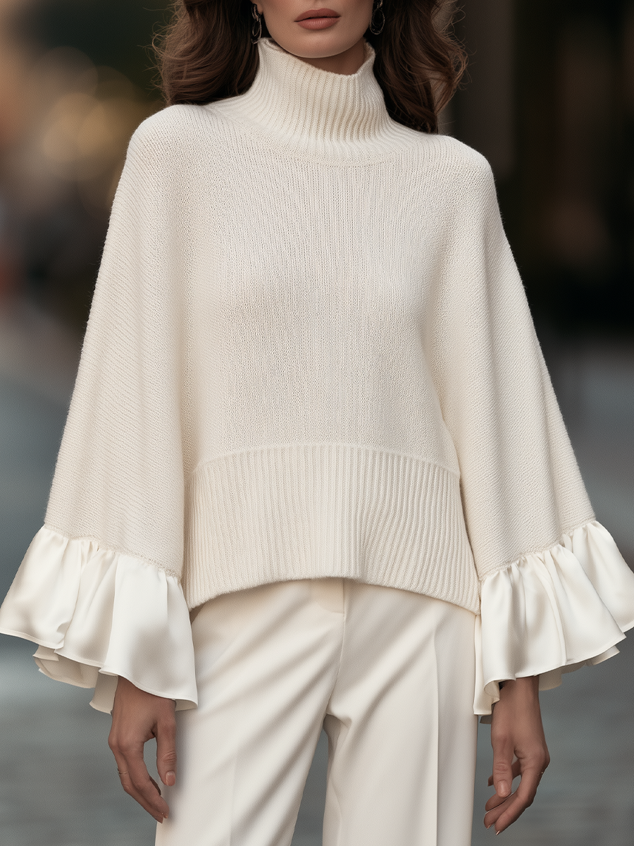 Turtleneck Satin Ruffle Cuff Oversized Cape Knit Sweater