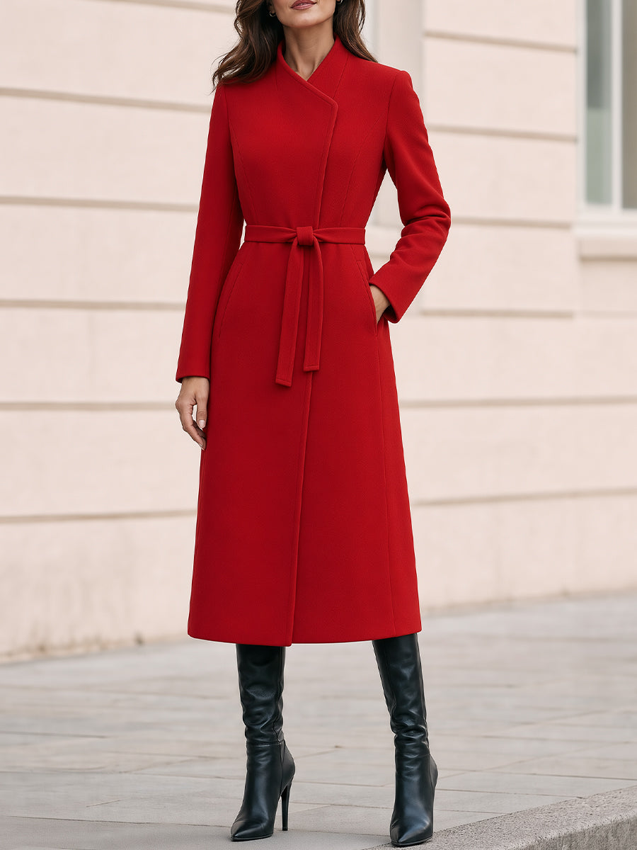 Asymmetric‑Collared Belted Wool‑Blend Midi Wrap Coat