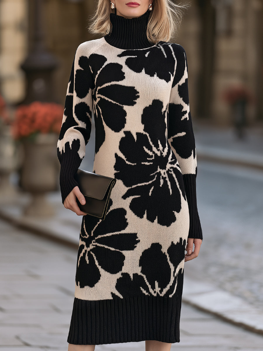 Floral Jacquard Turtleneck Knit Sweater Dress