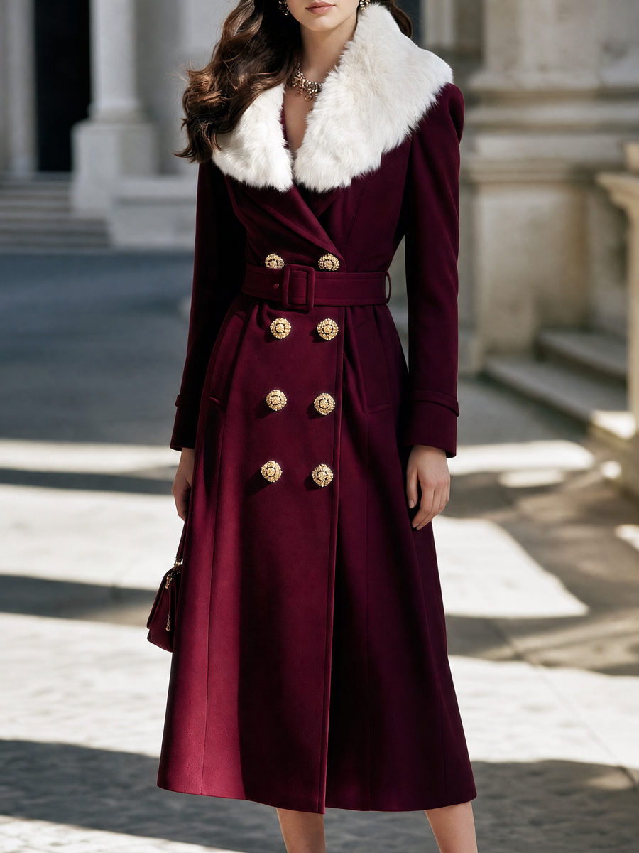 Faux Fur Collar Double-Breasted Belted A-Line Midi Coat